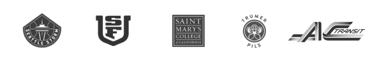 Primary logos for Seattle Storm, University of San Francisco, Saint Mary's College, Trumer Pils, and AC Transit